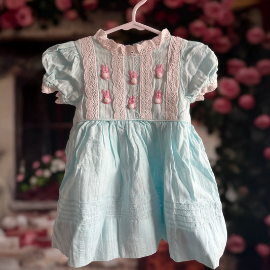 Blue and Pink Embroidered Bunny Dress